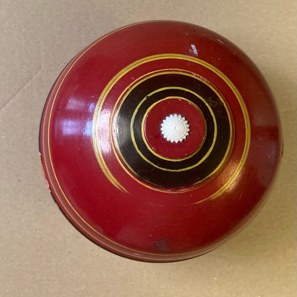 Antique Indian round domed wood box with lid, stripe pattern on exterior